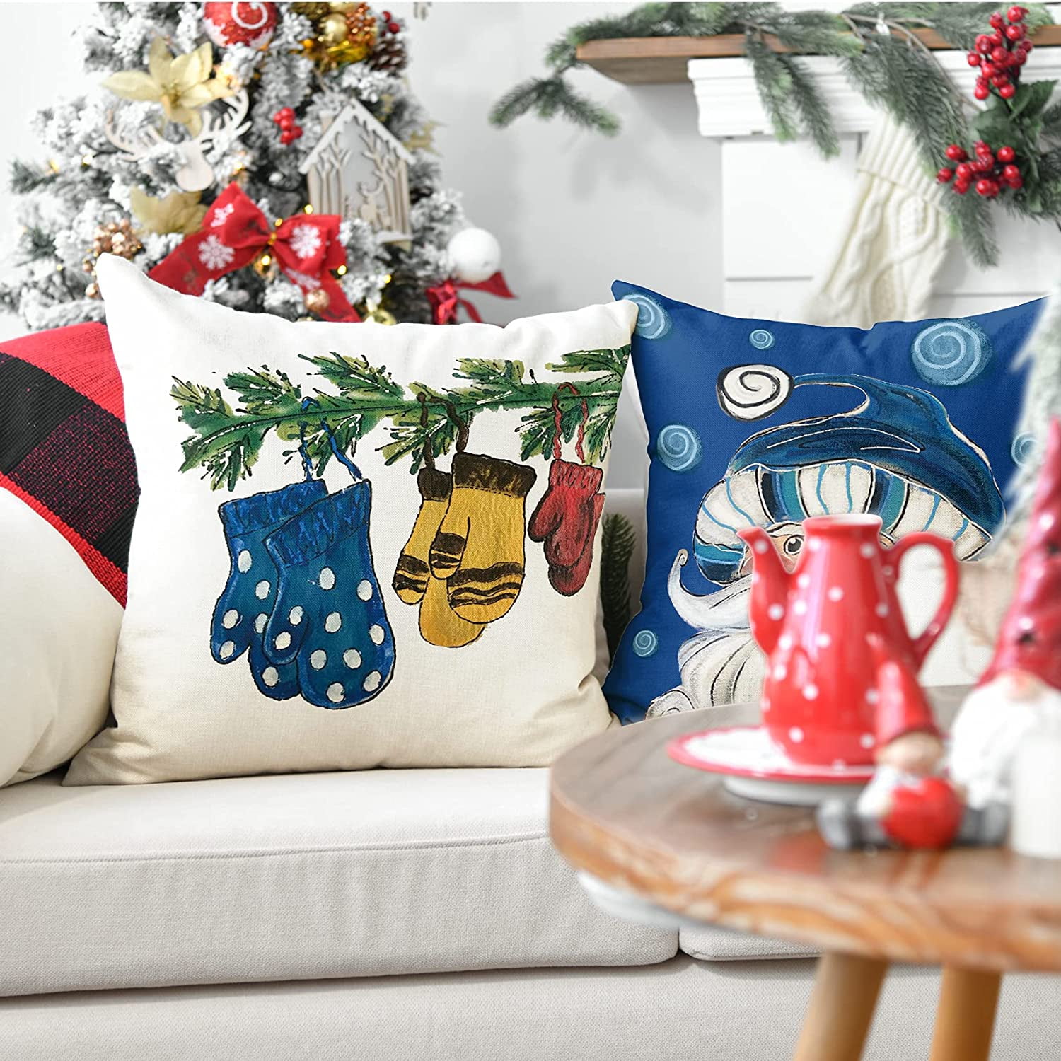 HTOOQ Christmas Winter Snowman Santa Claus Throw Pillow Cover 18 x 18 Inch Watercolor Spruce Gloves Cardinals Holiday Cushion Case Decoration for Sofa Couch Set of 4 Walmart