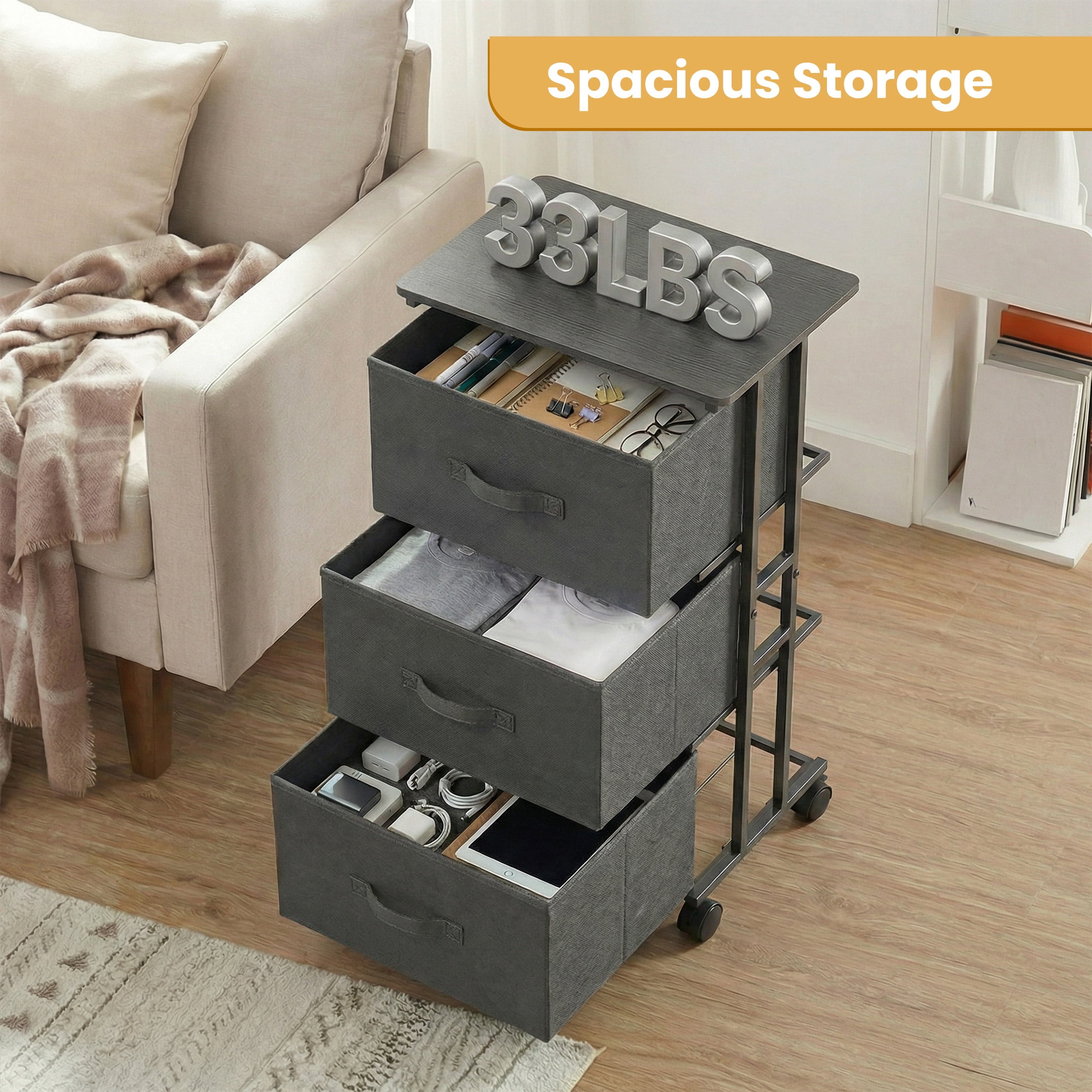 CONCETTA Dresser Storage with 3 Drawers, Storage with Wheels for Bedroom, Home Office, Gray