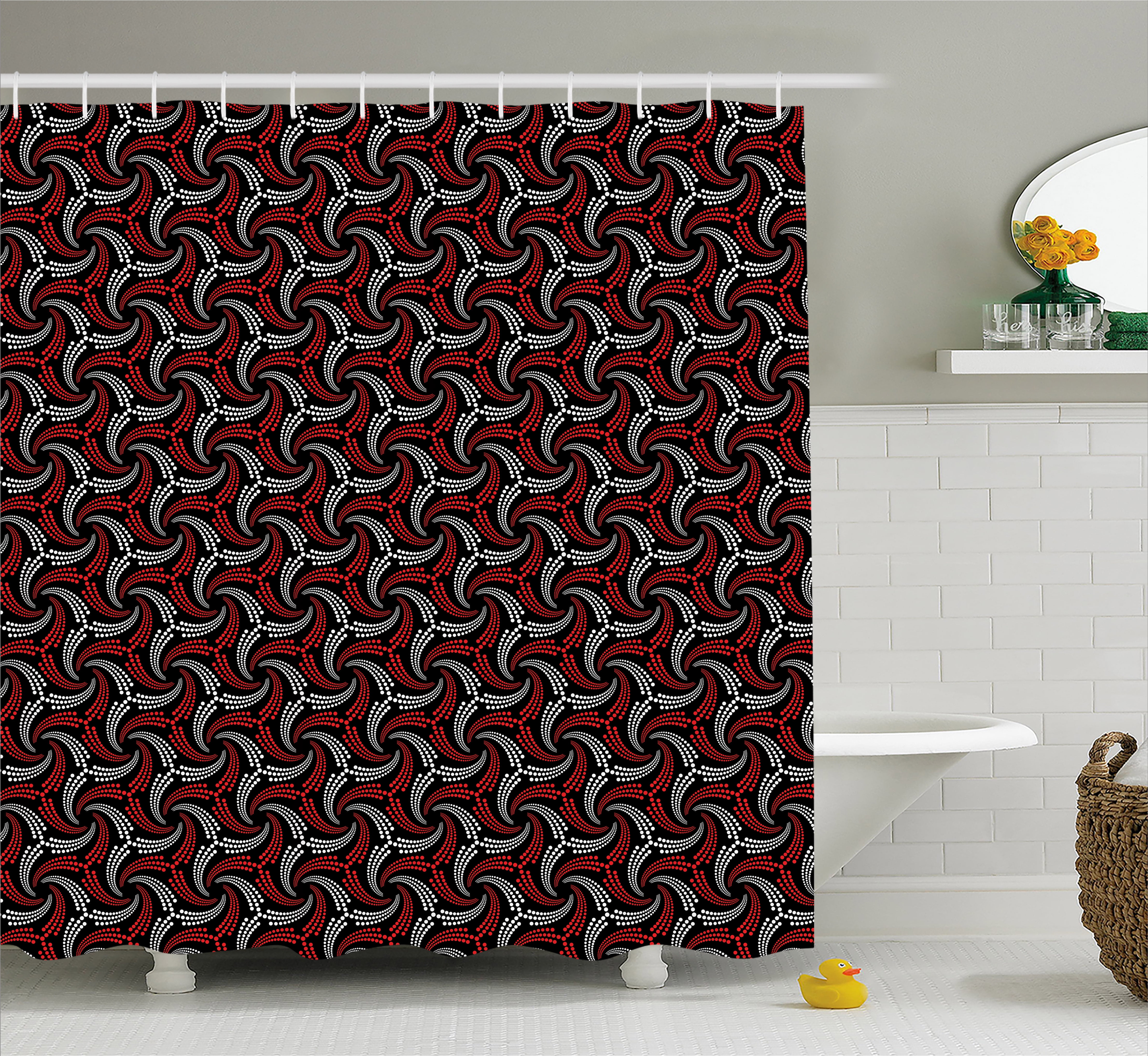 Red and Black Shower Curtain, Abstract Pattern Minimalistic Modern