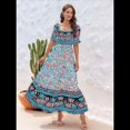 thumbnail image 4 of Vestido Informal, Fluido, con Estampado Floral Bohemio, Hombros Descubiertos, para Mujer (Verano 2025) Azul XXL, 4 of 9