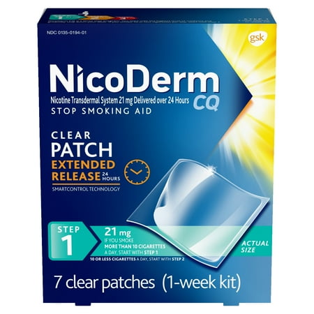NicoDerm CQ Nicotine Patch, Clear, Step 1 to Quit Smoking, 21mg, 7