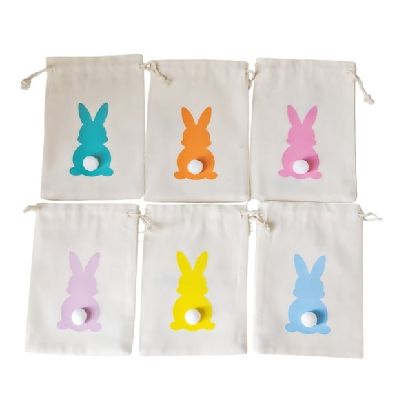 6 Pack 5.91Inch Easter Bunny Drawstring Gift Bags, Reusable Treat Bags for Easter Egg Hunt Stuffer Basket Birthday Party Favors Gifts Supplies