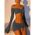 thumbnail image 5 of Hugcitar Women Matching 2 Piece Set Long Sleeve Drawstring Ruched Crop Top Mini Skirt Suit Co Ords Outfits Bodycon Sexy Party, 5 of 10