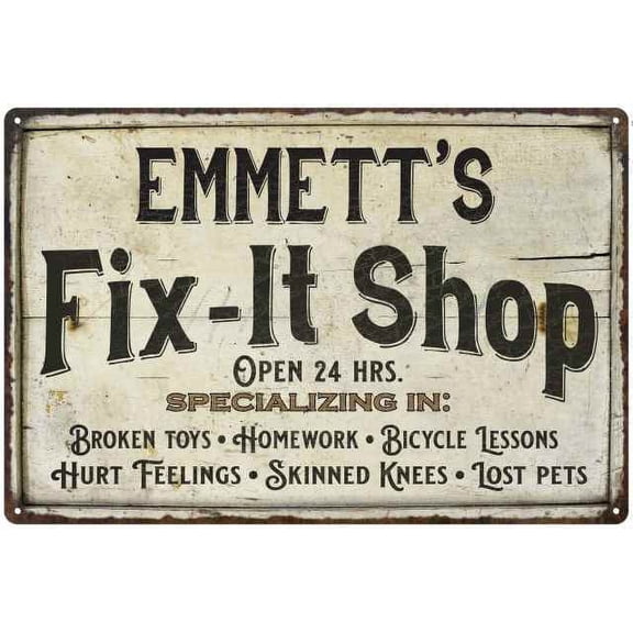 EMMETT'S Fix-It Shop Sign Grandpa Dad Wall Decor 8 x 12 High Gloss Metal 208120006499
