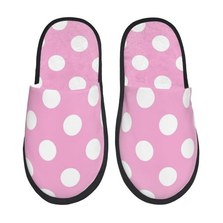 Balery Pink And White Polka Dot Slient Indoor Furry Fleece Comfort House Shoes Soft Non-Slip Home Shoes Cotton slippers House Slippers-- Large