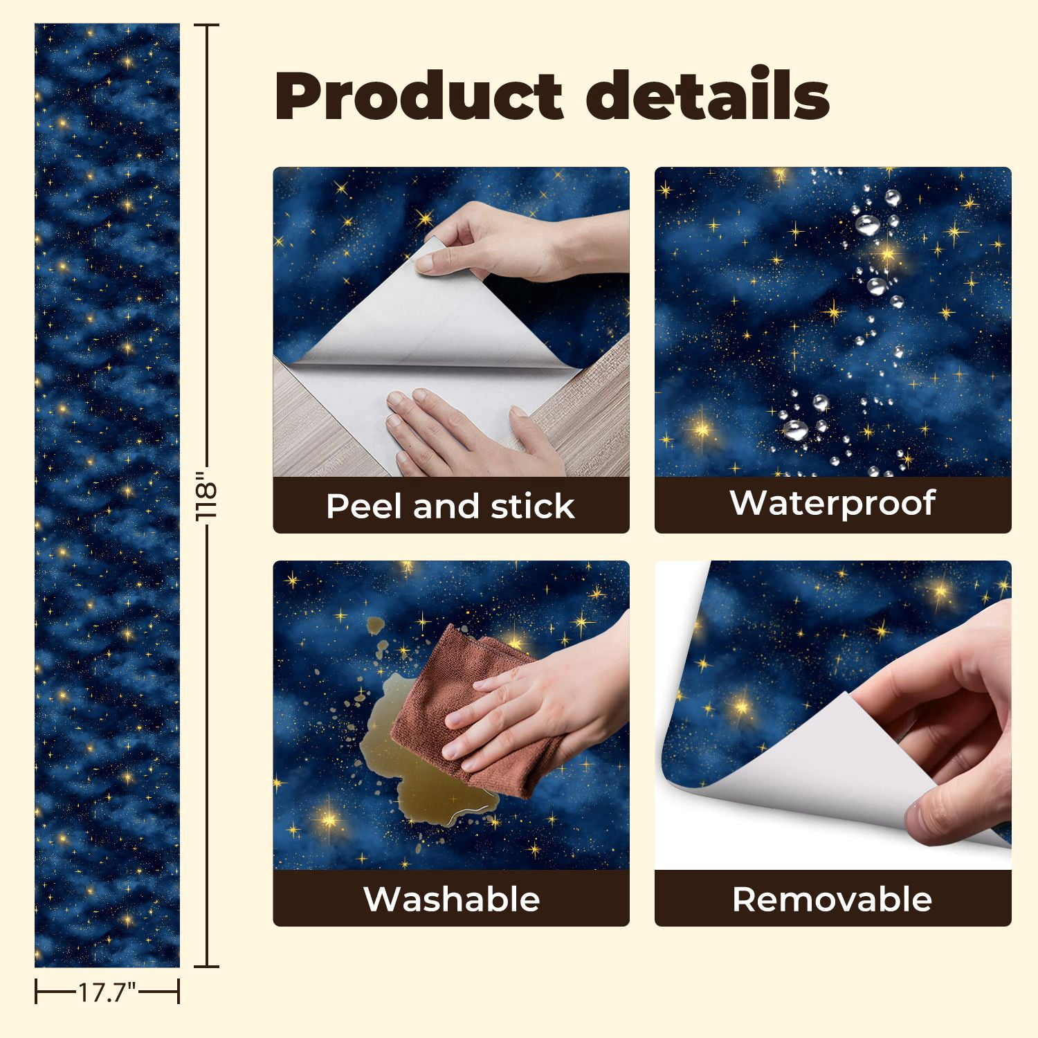 Peel and Stick Wallpaper Starry Night Sky Glowing Golden Stars Blue Nebula Clouds Wall Mural 17.7in x 9.8ft Self Adhesive Removable Wall Paper Renter Friendly Wallpaper for Nursery Bedroom