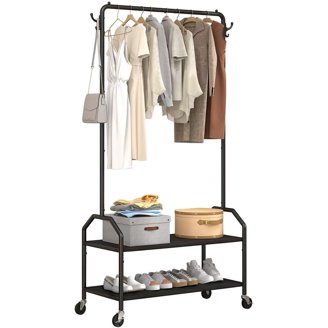 HOMIDEC Double Rod Clothes Rack With Shelves – Rolling Clothing Organizer, 4-Tier Storage, Hooks, Black
