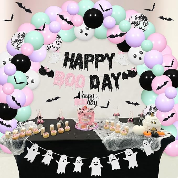 Pastel Halloween Birthday Decorations Happy Boo Day Balloon Garland Arch Kit for Girls Halloween Spooky Party Supplies