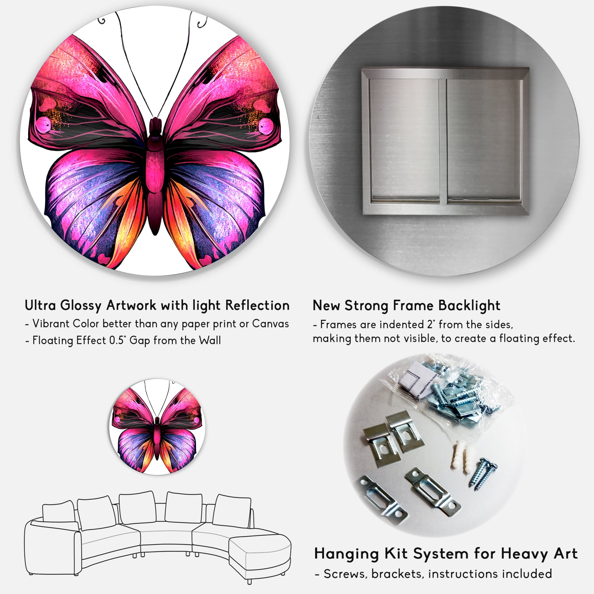 Designart 'Portrait Of Bright Pink Butterfly' Modern Circle Metal Wall Art 29x29 - Disc of 29