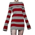 thumbnail image 1 of Aunavey Robe en Tricot Rayé pour Femmes Manches Longues Épaules Dénudées Robe Chandail Moulante Y2k Mode Urbaine, 1 of 6