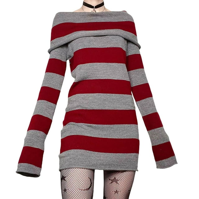 Aunavey Robe en Tricot Rayé pour Femmes Manches Longues Épaules Dénudées Robe Chandail Moulante Y2k Mode Urbaine