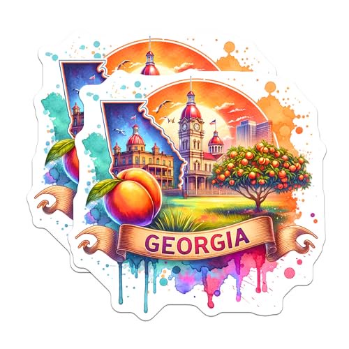 (2 Pack) Georgia State Magnets - Travel Souvenir - Colorful Decorative - Peach Fruit Design - Unique Keepsake - 5" On Longest Side - for Cars, Fridges, Toolboxes - Made in USA - MAG6896