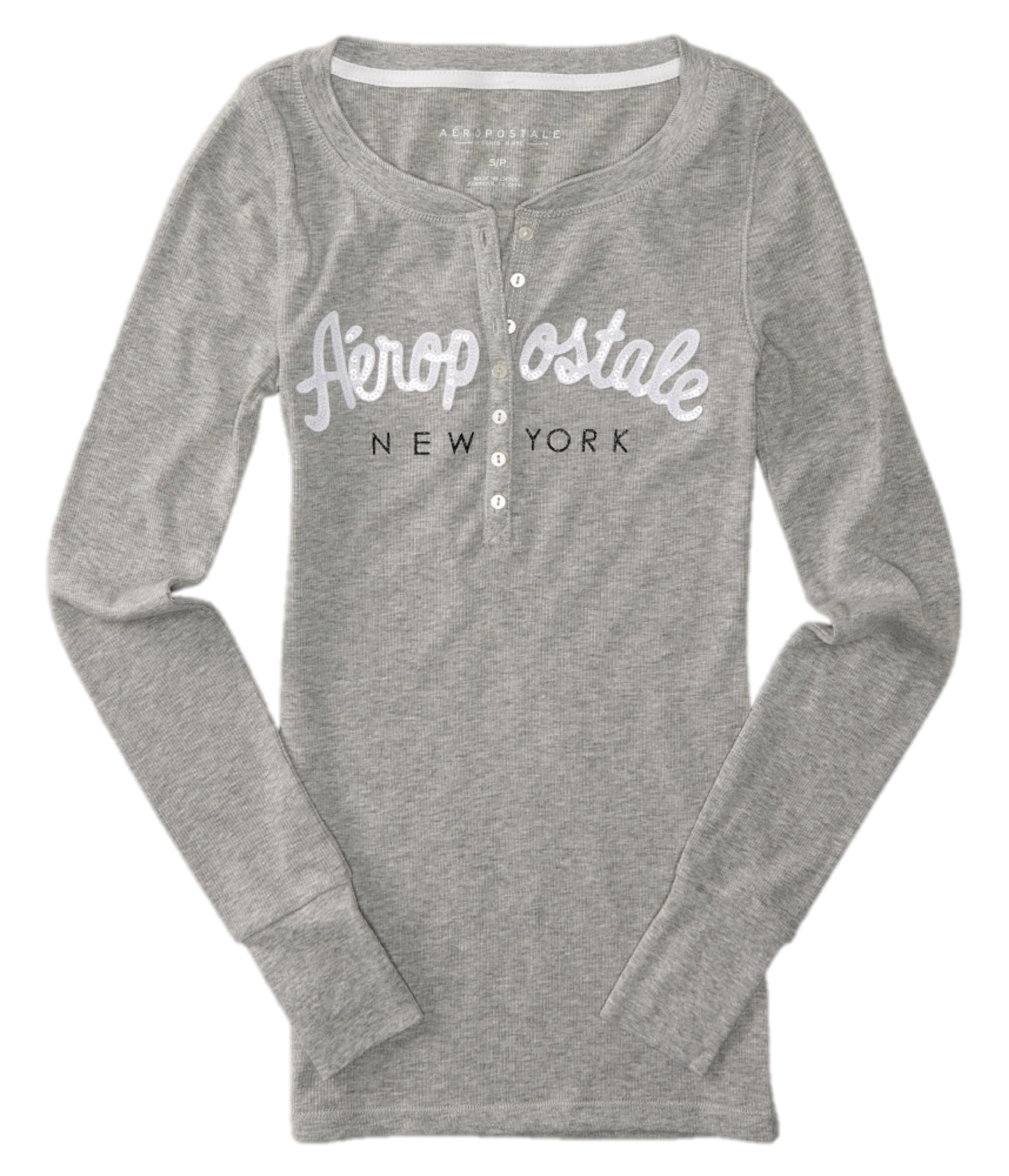 Aeropostale Womens Bling Sequin Thermal Henley Shirt