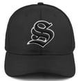 thumbnail image 2 of Daxton Premium Mid Profile Hat Semi Curved Visor Black Cap White Black Gothic Embroidered, S, 2 of 4