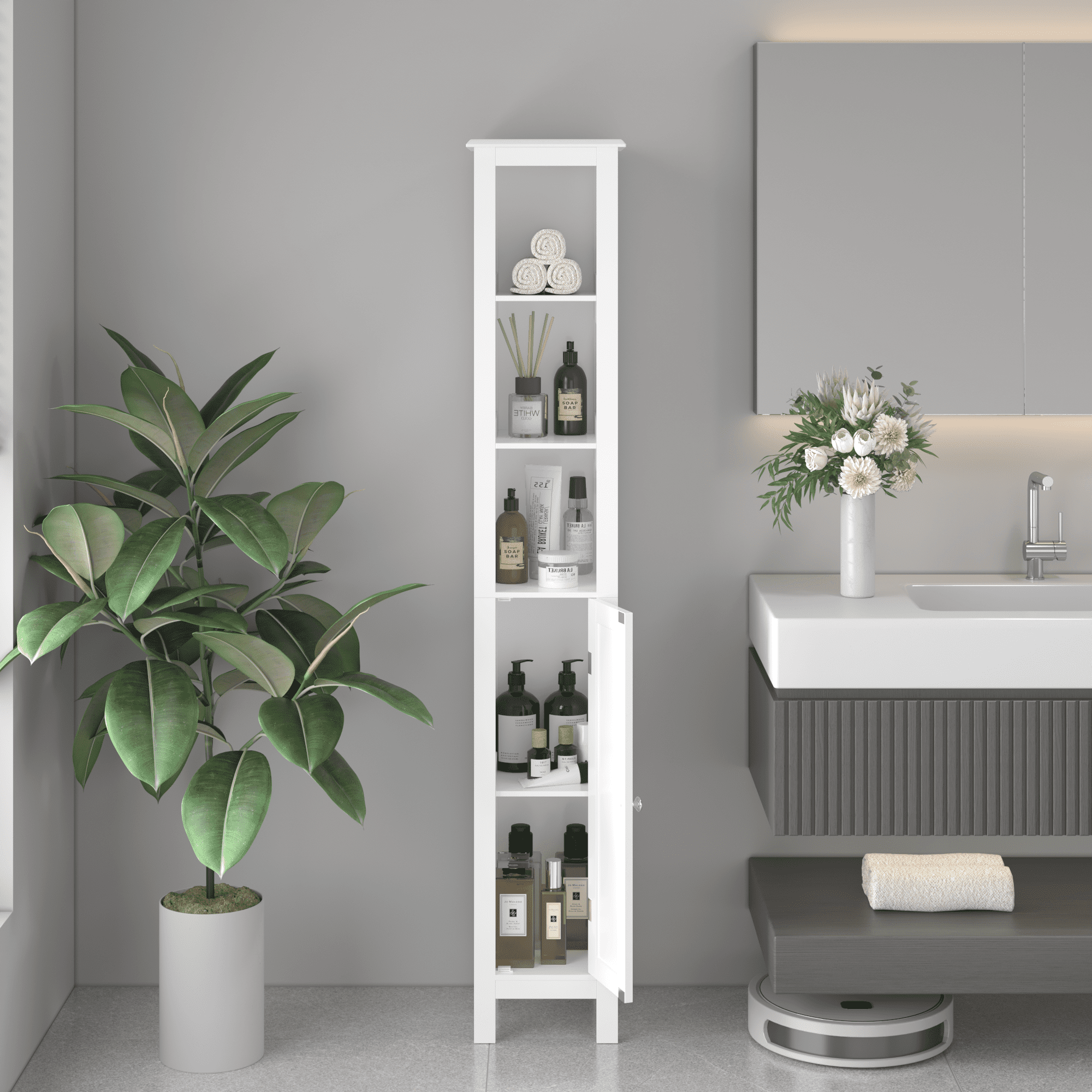 66.92" Tall Bathroom Storage Cabinet with Adjustable Shelves,Slim 1 Doors Freestanding Cabinet with Anti-Tip, Open compartments, for Home, Small Spaces, Bathroom,Kitchen, Living Room, White