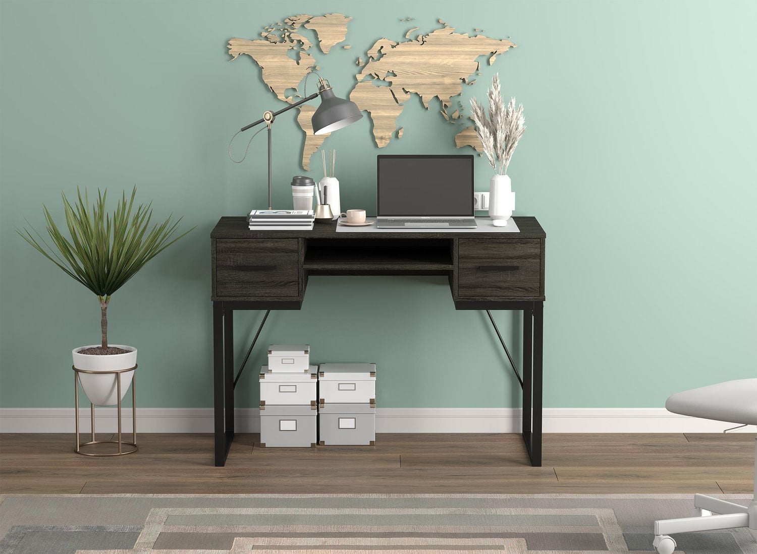 Safdie & Co. Computer Writing Desk 42.5in Dark Grey with 2 Drawers 1 Shelf and Black Metal for Home Office and Small Spaces. Ideal for writing, gaming, study, work from home