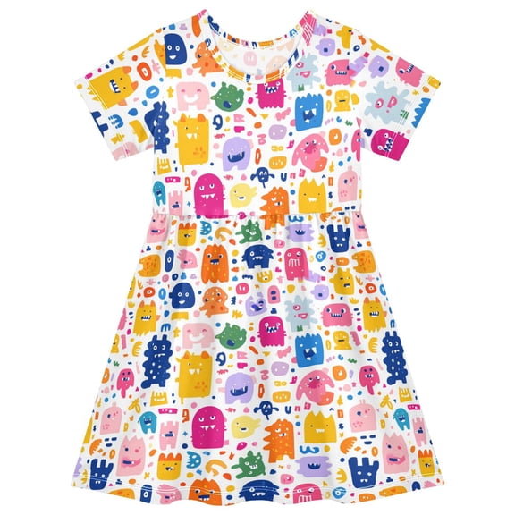 Various Monsters Short Sleeve Dress A-Line Cute Midi Casual Sundress 2-8 Years