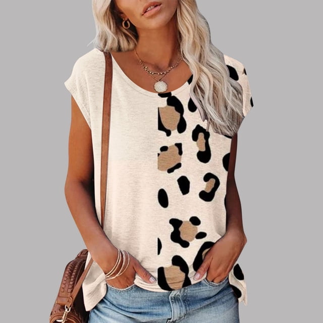 Qtocio Womens Fashion Tops,Color Patchwork Graphic Print Crewneck Short Sleeve Shirt Summer Blouse