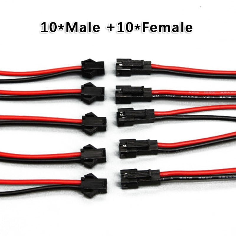 20Pcs JST 2Pin Connector Male/Female Plug Cable 10cm Wire For Battery LED Lights 