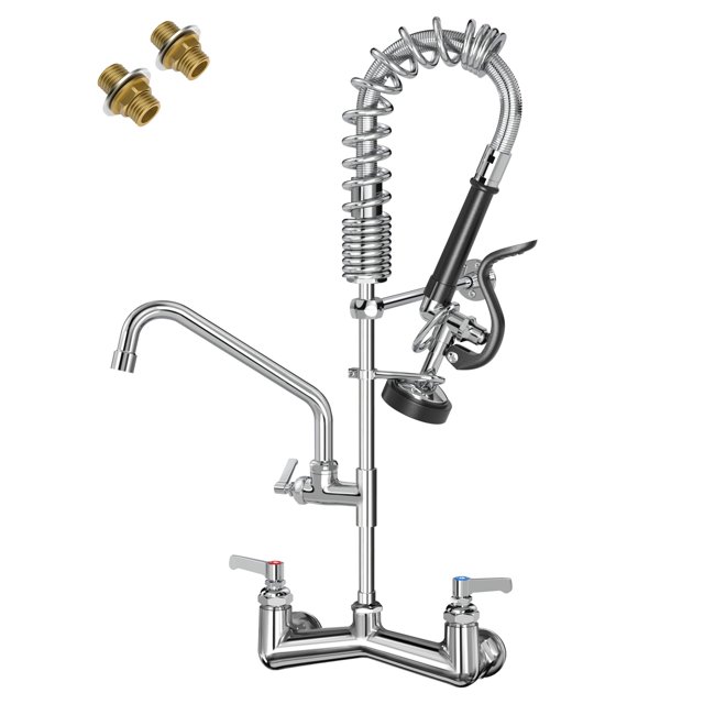 Fauaid Grifo De Fregadero Comercial Para Montaje En Pared Con Rociador De Preenjuague, Grifo De Fregadero De Cocina De Montaje En Pared Central De 8 Pulgadas, 25 Pulgadas De Altura Con Boquilla Oscila