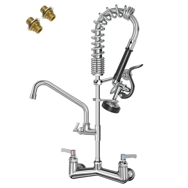 Fauaid Grifo De Fregadero Comercial Para Montaje En Pared Con Rociador De Preenjuague, Grifo De Fregadero De Cocina De Montaje En Pared Central De 8 Pulgadas, 25 Pulgadas De Altura Con Boquilla Oscila