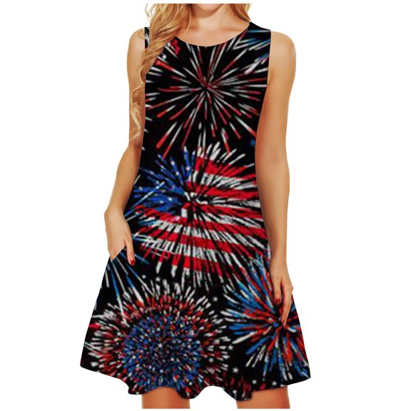 USSUMA Sundresses for Women 4th of July Sleeveless Casual Dresses for Women Independence Day Tshirt Swing Midi Dresses Women Summer Round Neck Beach Dresses Wedding Guest
