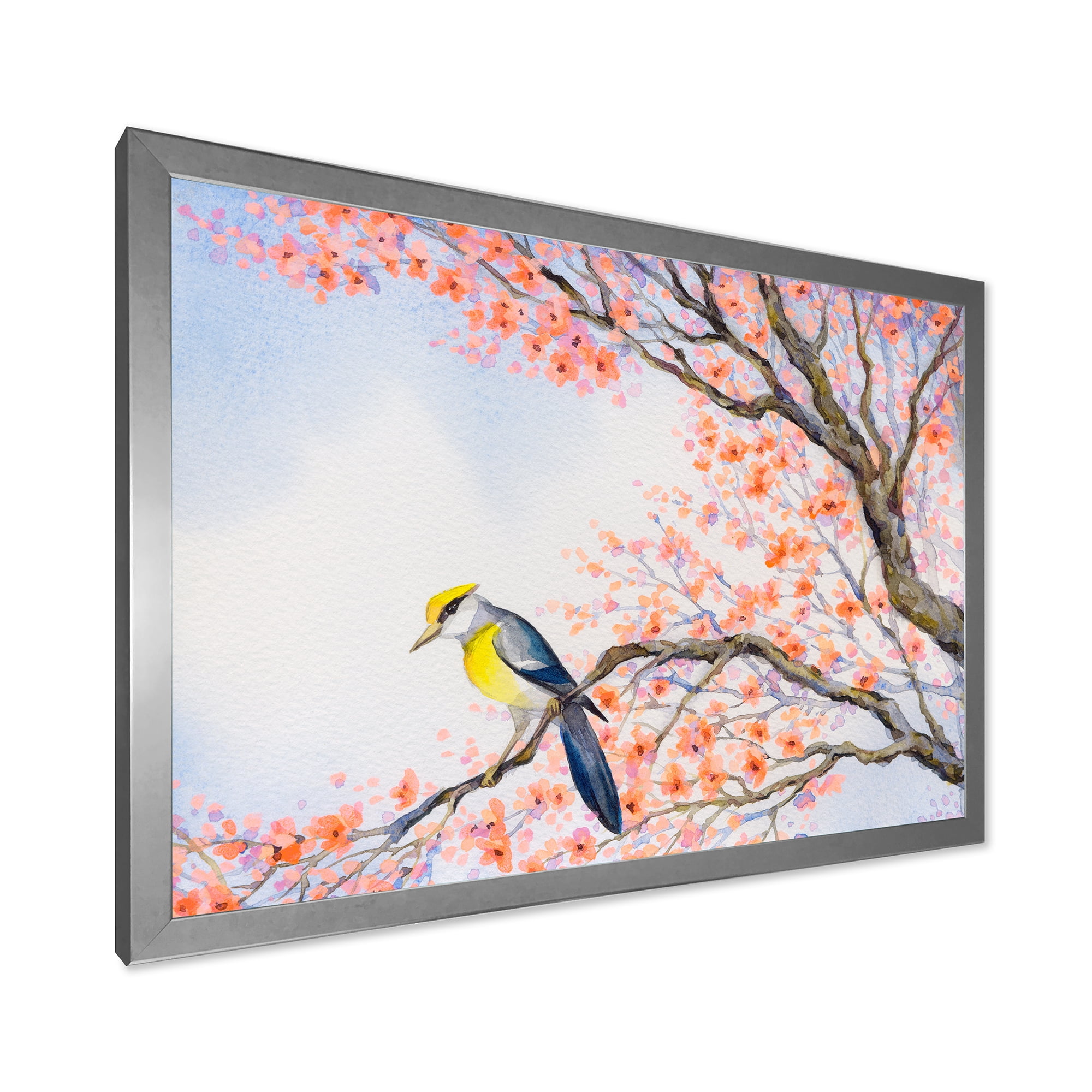 Beautiful Blue Bird Sitting On Flowering Branch I 40 in x 30 in Framed Painting Canvas Art Print, by Designart