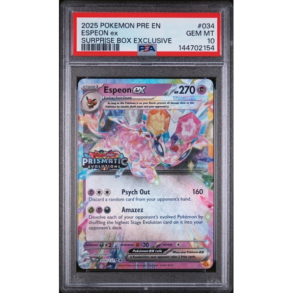 Graded 2025 PKM PRE EN Espeon Ex #034 Surprise Box Exclusive SBE Prismatic Evolutions Trading Card Game PSA 10 Gem Mint