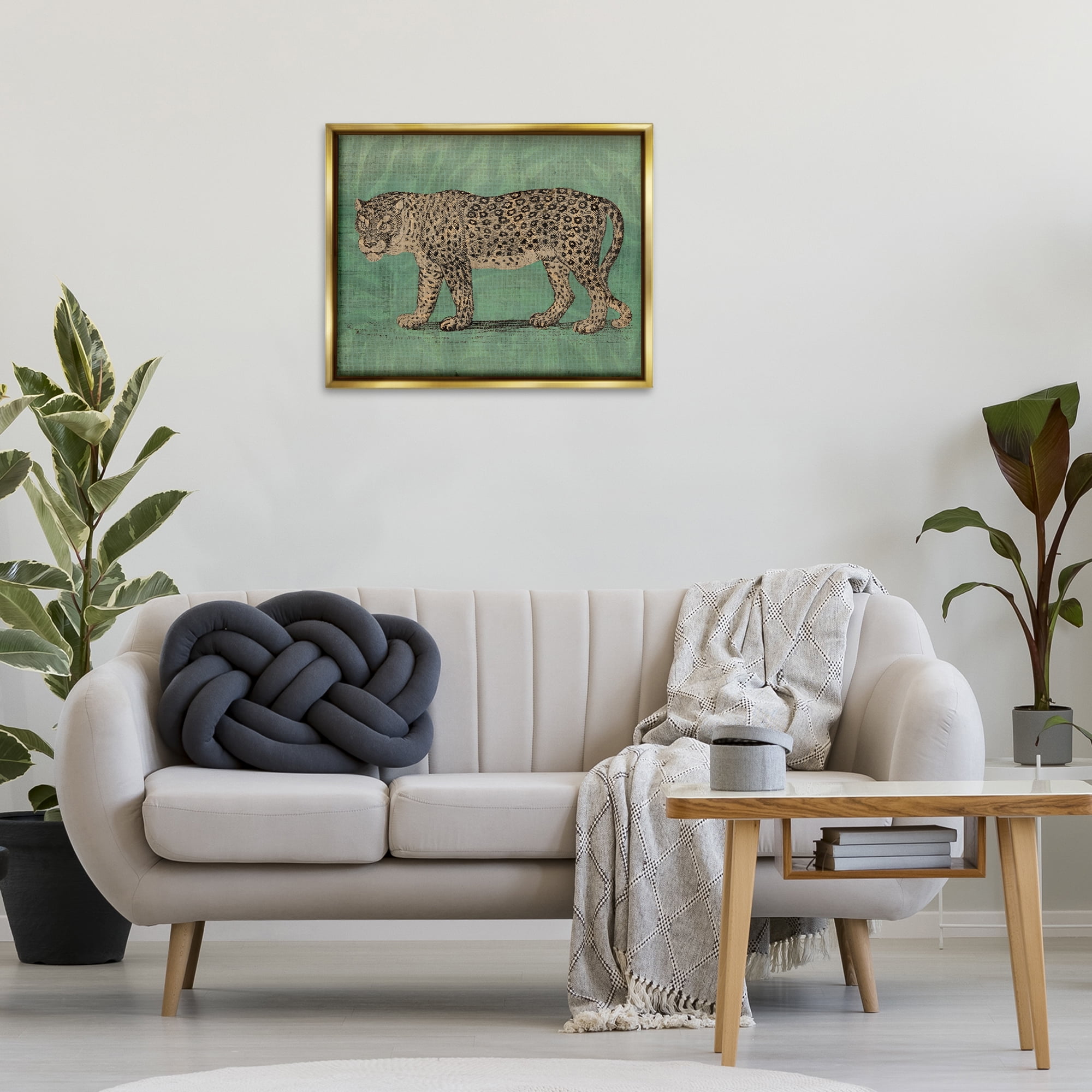Stupell Industries Fierce Leopard on Green Animals & Insects Painting Gold Floater Framed Canvas Art Print Wall Art, 31 x 25