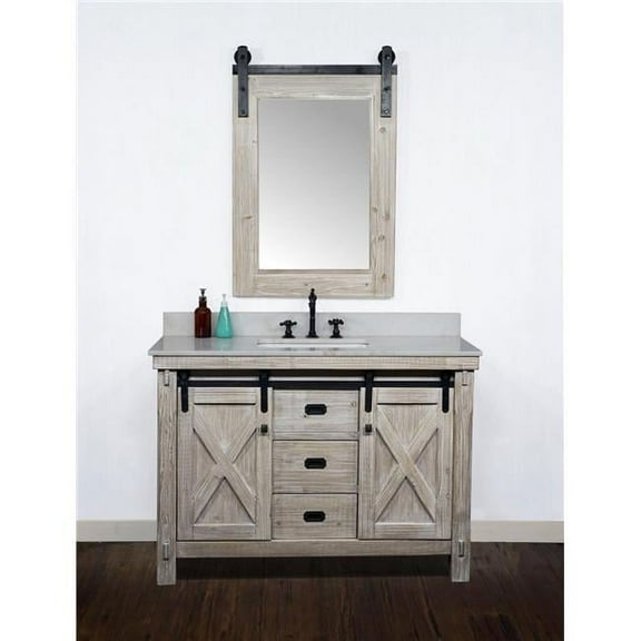 InFurniture WK8548-AP TOP 48 in. Rustic Solid Fir Barn Door Style Single Sink Vanity with Arctic Pearl Quartz Marble Top, Driftwood - No Faucet - 49 x 34.6 x 22 in.