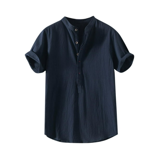 Camisetas de Manga Larga para Hombre Algodón Europa América Estilo Manga Corta Cuello Botón Blusa, Camisa de Poliéster Unisex