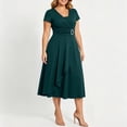 thumbnail image 2 of Women's Plus Size V Neck Short Sleeve Midi Dress, High Waist Flared A-Line Solid Vintage Swing formal Dress Army Green XXL(XXL), 2 of 6