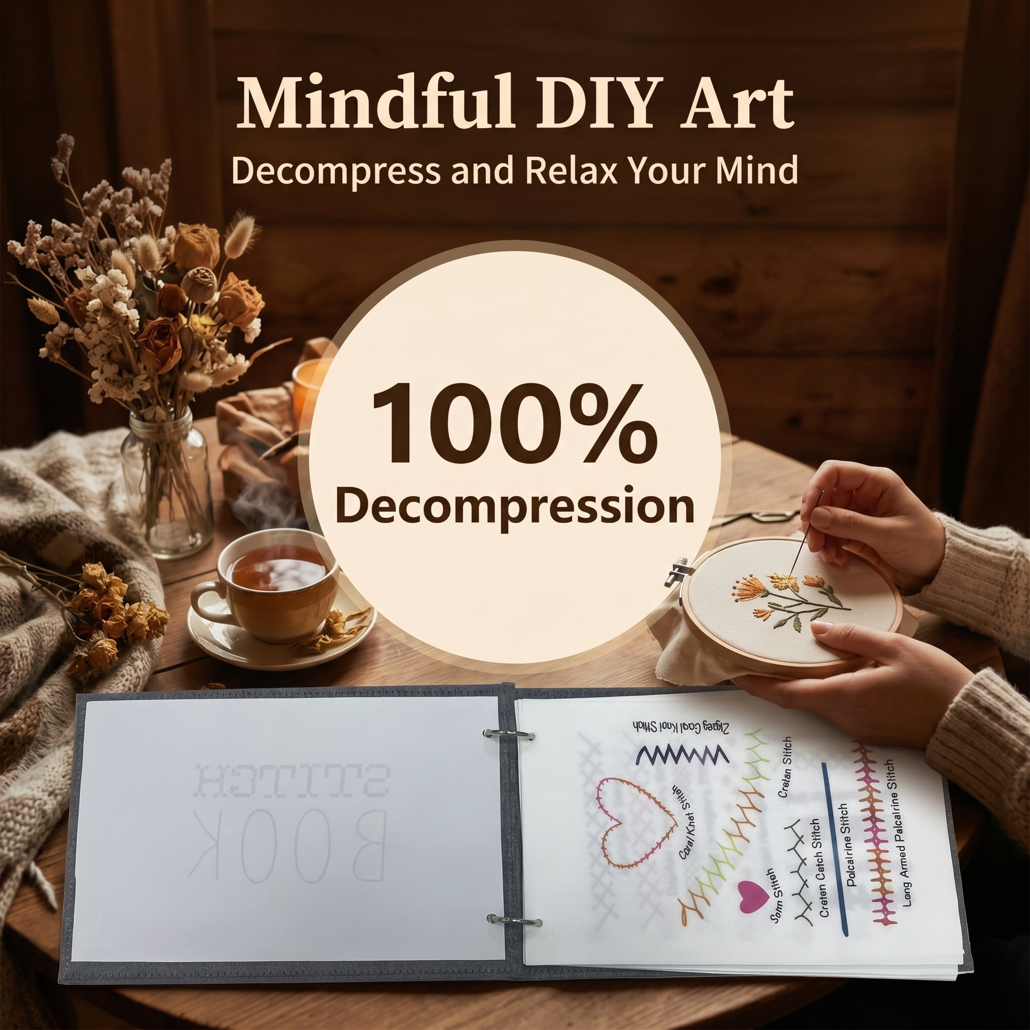 DYONDER Beginner Embroidery Practice Notebook, Detachable Pre-Printed Fabric Sheets, Hand Sewing DIY Craft Gift Supplies