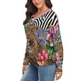 thumbnail image 2 of Leopard Zebra Flowers Vibrant Jungle V-neck Sweater Winter Clothes Long Sleeve Knitwear Sweater Women's Pullover, 2 of 5