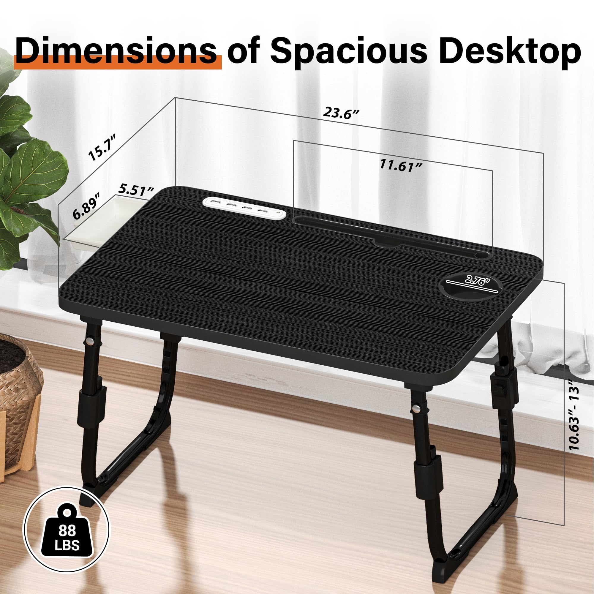 Laptop Desk For Bed Height Adjustable  Lap Table With Usb/storage Drawer/cup Holder/tablet Stand/book Shelf Foldable Breakfast Tray Portable Reading Writing Sofa & Floor Black