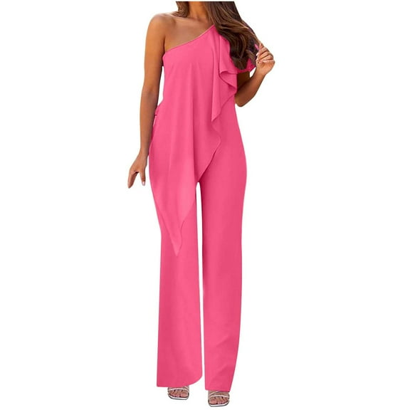 Elegant Jumpsuit for Women Summer Long Flowy Ruffle One Shoulder High Waist Long Romper Straight Leg Party Slimming Outfits, Hot Pink, M