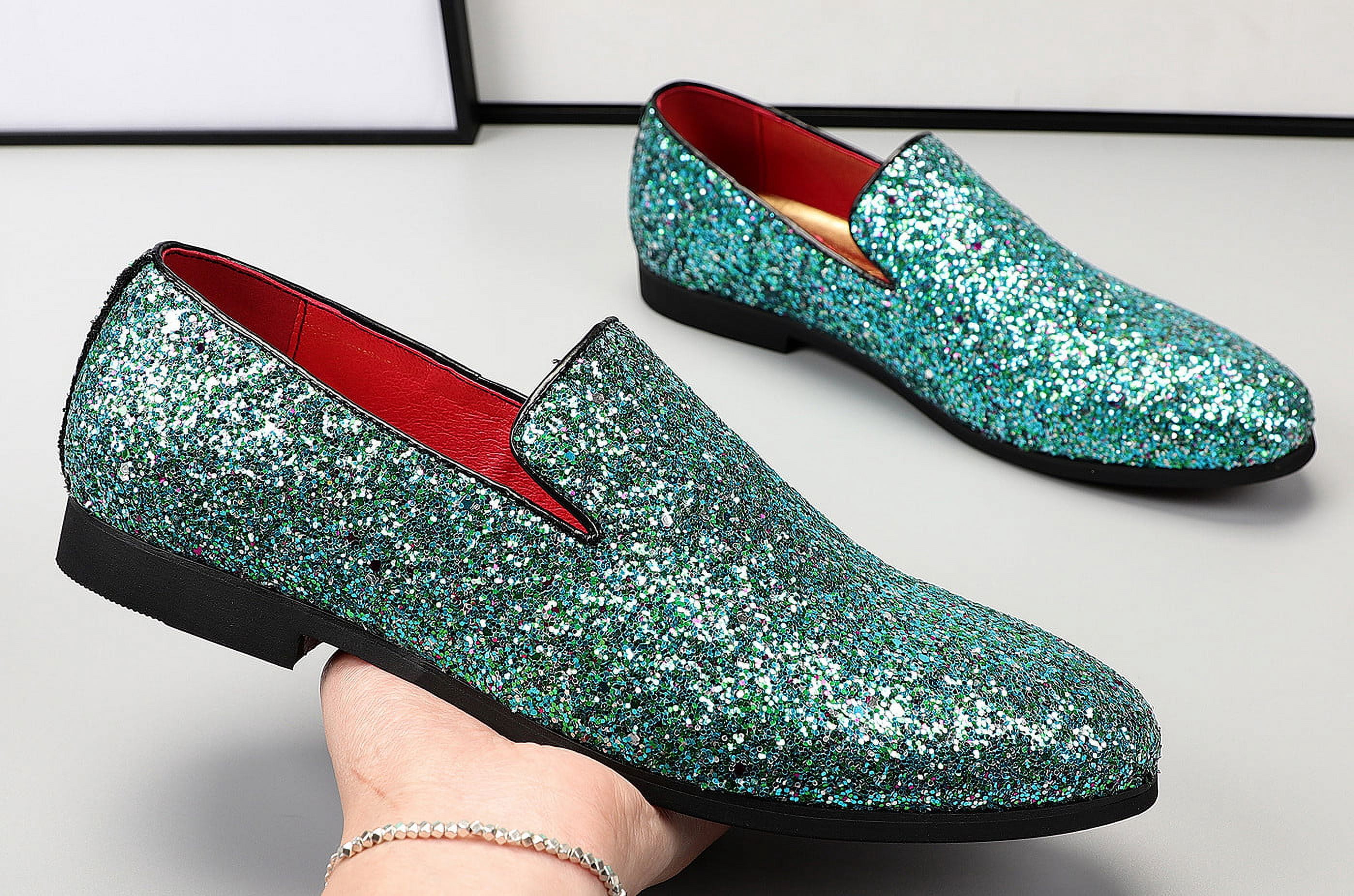 Men\'s Cyan Leather Glitter Sparkly Loafers Slip On Tuxedo Formal Events Shoes Amazon.com | Men main image 3
