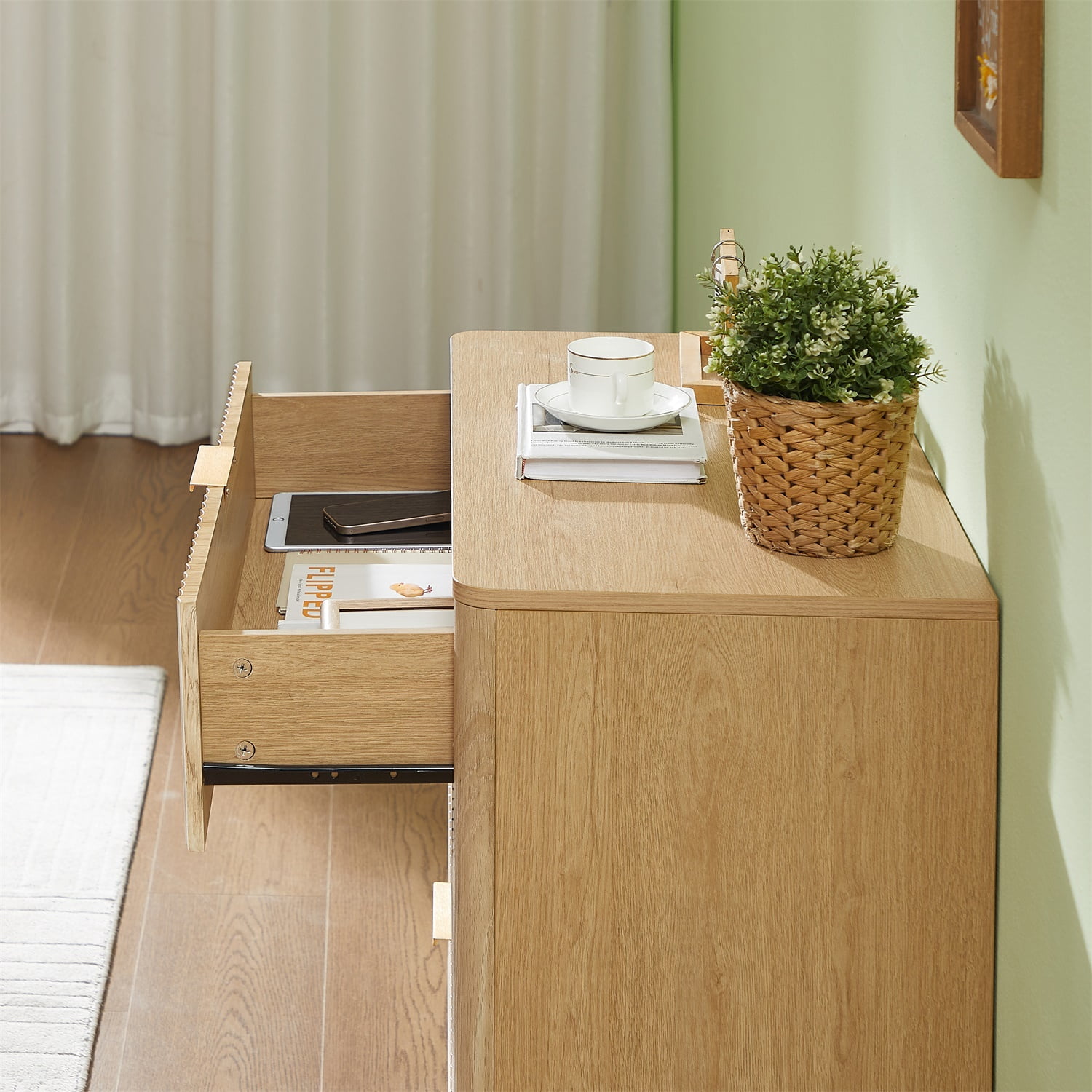 Hommoo Modern Fluted 3-Drawer Dresser, Tall Wood Chest with Silent Metal Glides, Rounded Edges & Reinforced Base for Bedroom or Living Room, Natural