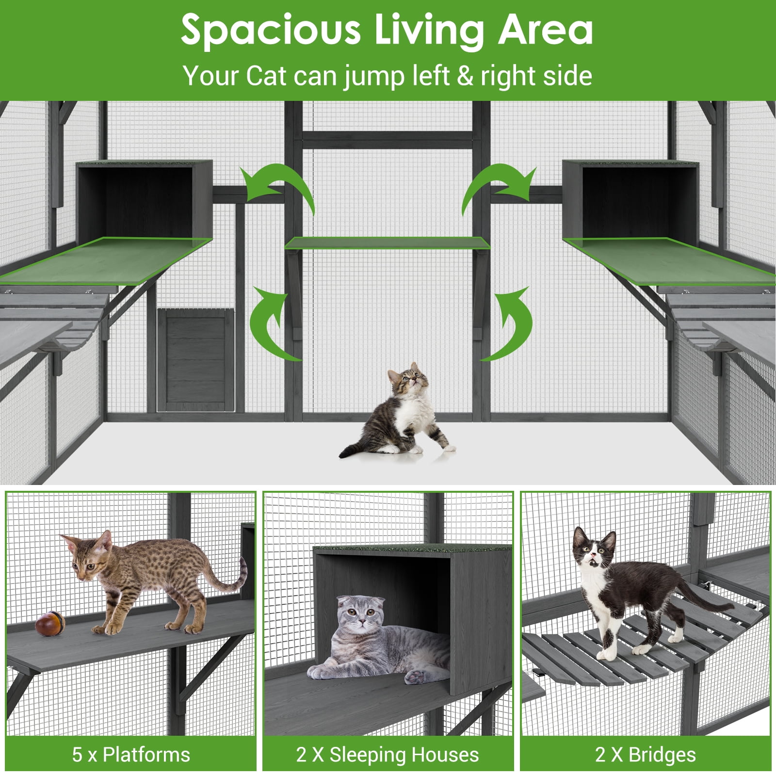 NARTRU 57.2ft² Large Wooden Outdoor Cat House, Cat Run Enclosure Walk in Cat Catio Cage with Enter Door, 2 Cat Doors, Roof Cover
