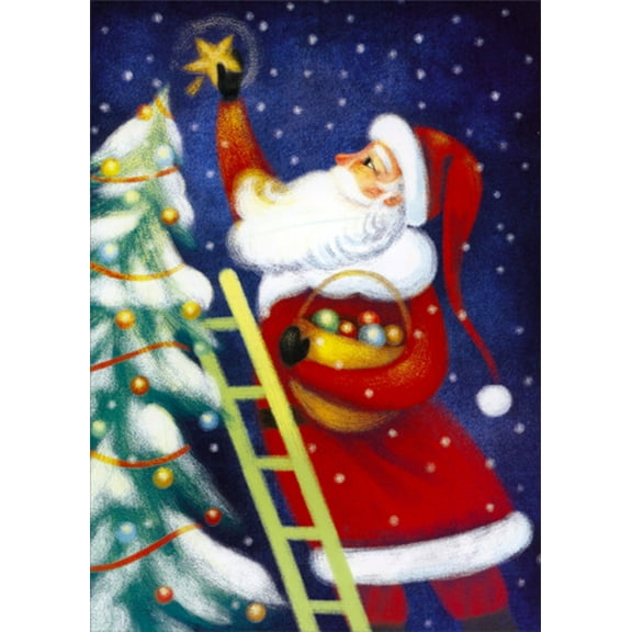 Designer Greetings Santa Placing Star on Tree Top Box of 18 Christmas Cards