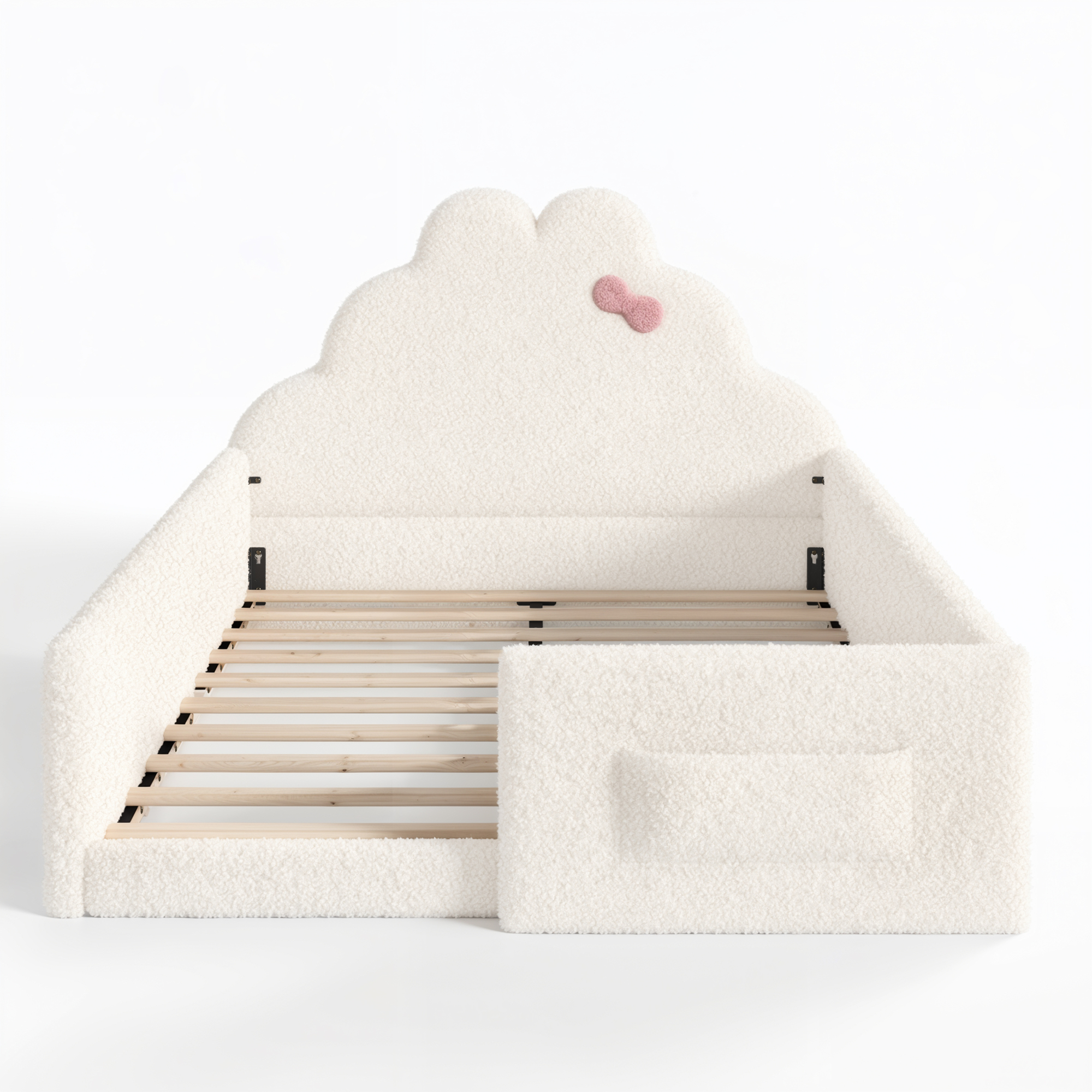 HOQBN Full Size Upholstered Floor Bed Frame, Soft Padded Upholstered Kids Bed, Safe Children Bed Frame with Side Storage Pocket for Bedroom Beige
