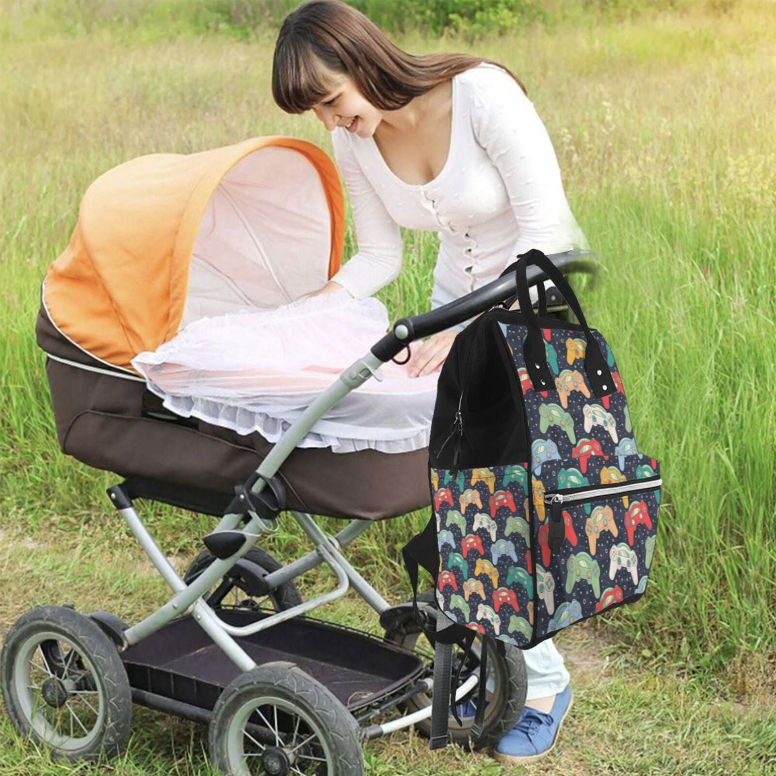 Fuzoiu Retro Video Game Print Diaper Bag Backpack,Baby Essentials Travel Tote,Multi function Waterproof Diaper Bag, Travel Essentials Baby Bag - Unisex
