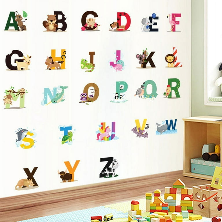 ORIGACH ABC Alphabet Wall Stickers, Colorful Alphabet Animals Pattern Vinyl  Removable Wall Decals Peel and Stick for Kids Room Nursery Kindergarten