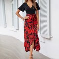 thumbnail image 7 of 2024 Clearance! JINMGG Summer Dresses 2024, Dresses for Women 2024 Summer Dresses for Women Short Sleeve V Neck Boho Floral Print Tie Waist High Low Ruffle Cocktail Maxi Dress Red XL, 7 of 7