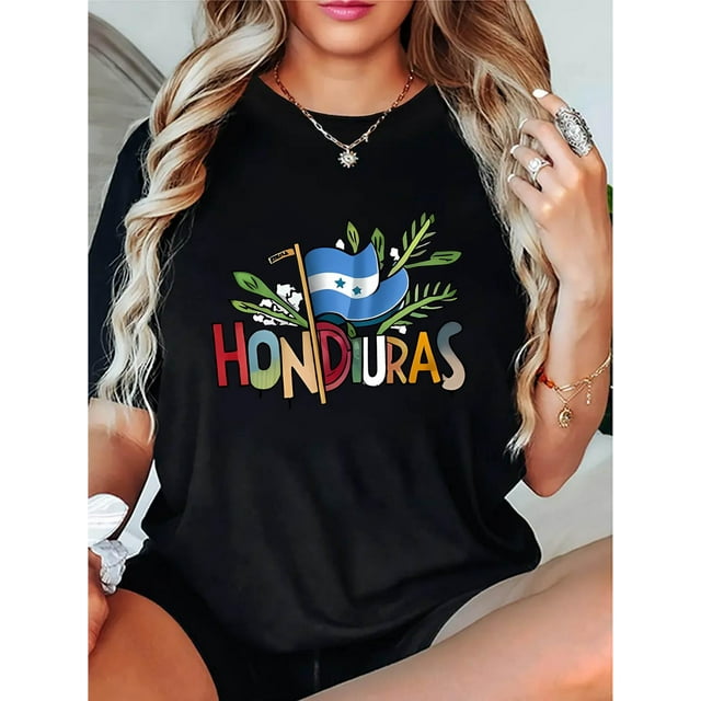 Camisetas para mujer, de verano, casual, manga corta, cuello redondo, con estampado, color blanco negro, blusaWomen's Casual Sporty T-Shirt with English Hat Print - Comfy Crew Neck, Short Sleeve Sum