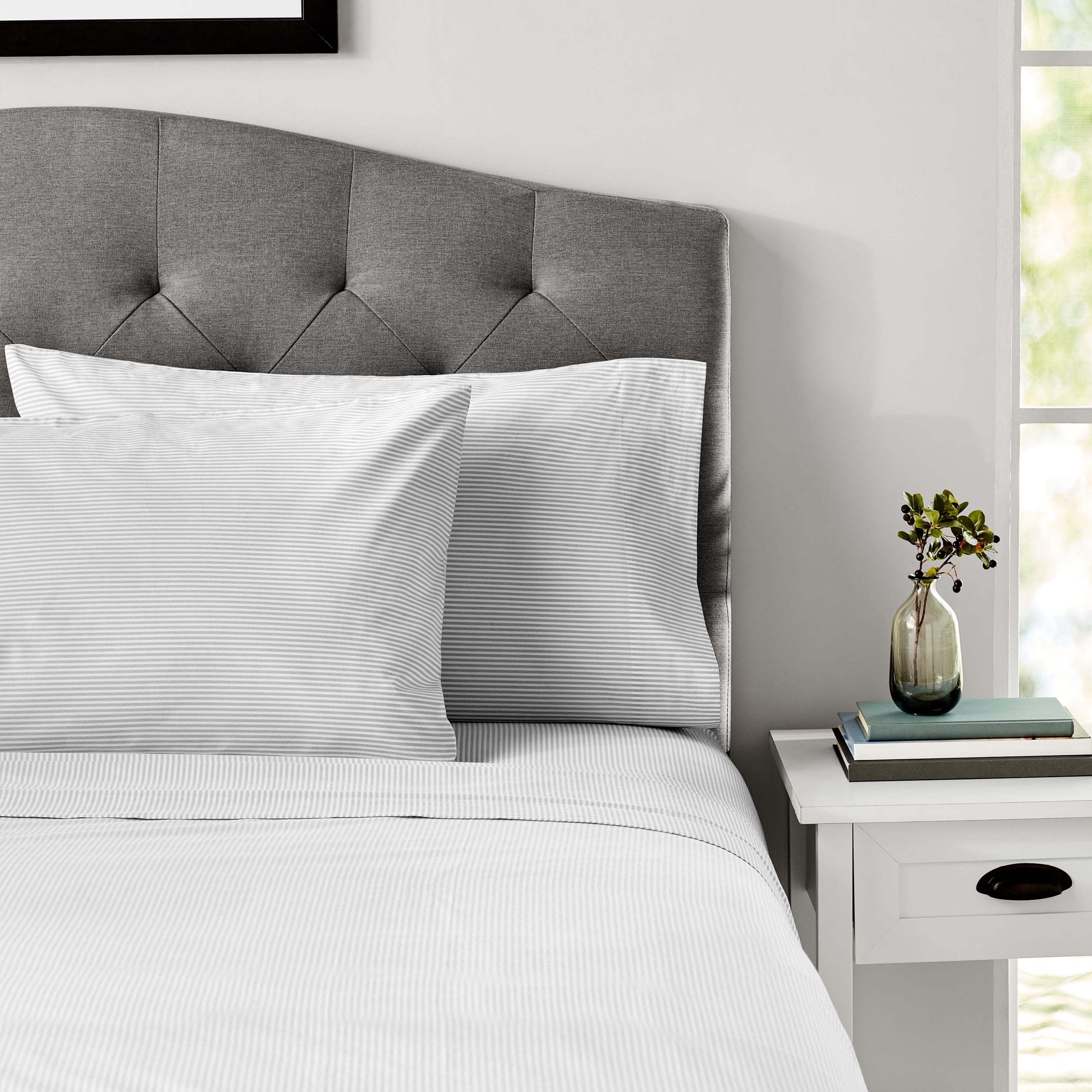 Mainstays 4-Piece 300 Thread Count Grey Stripe- CVC Cotton Blend Bed Sheet Set, King(Adult), King Sheet Set