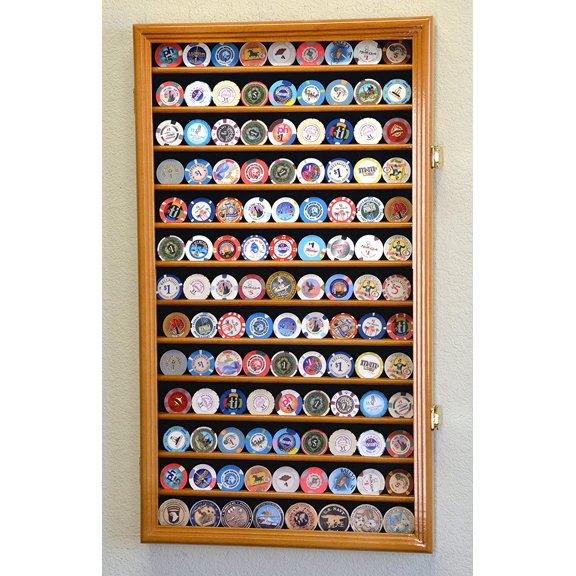 117 L Casino Chip Coin Display Case Cabinet Chips Holder Wall Rack 98% UV Lockable, Oak