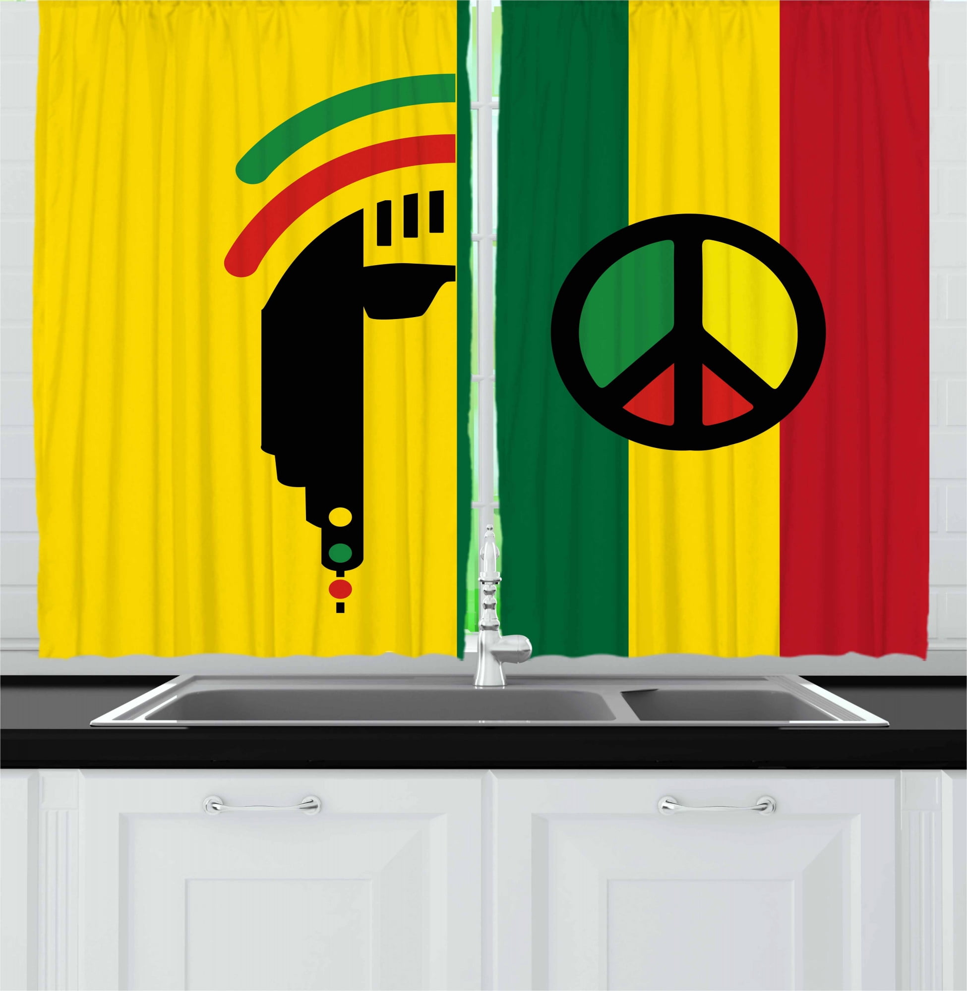 Rasta Kitchen Curtains, Iconic Barret Reggae and Jamaican Music Culture Peace Borders Theme, Two