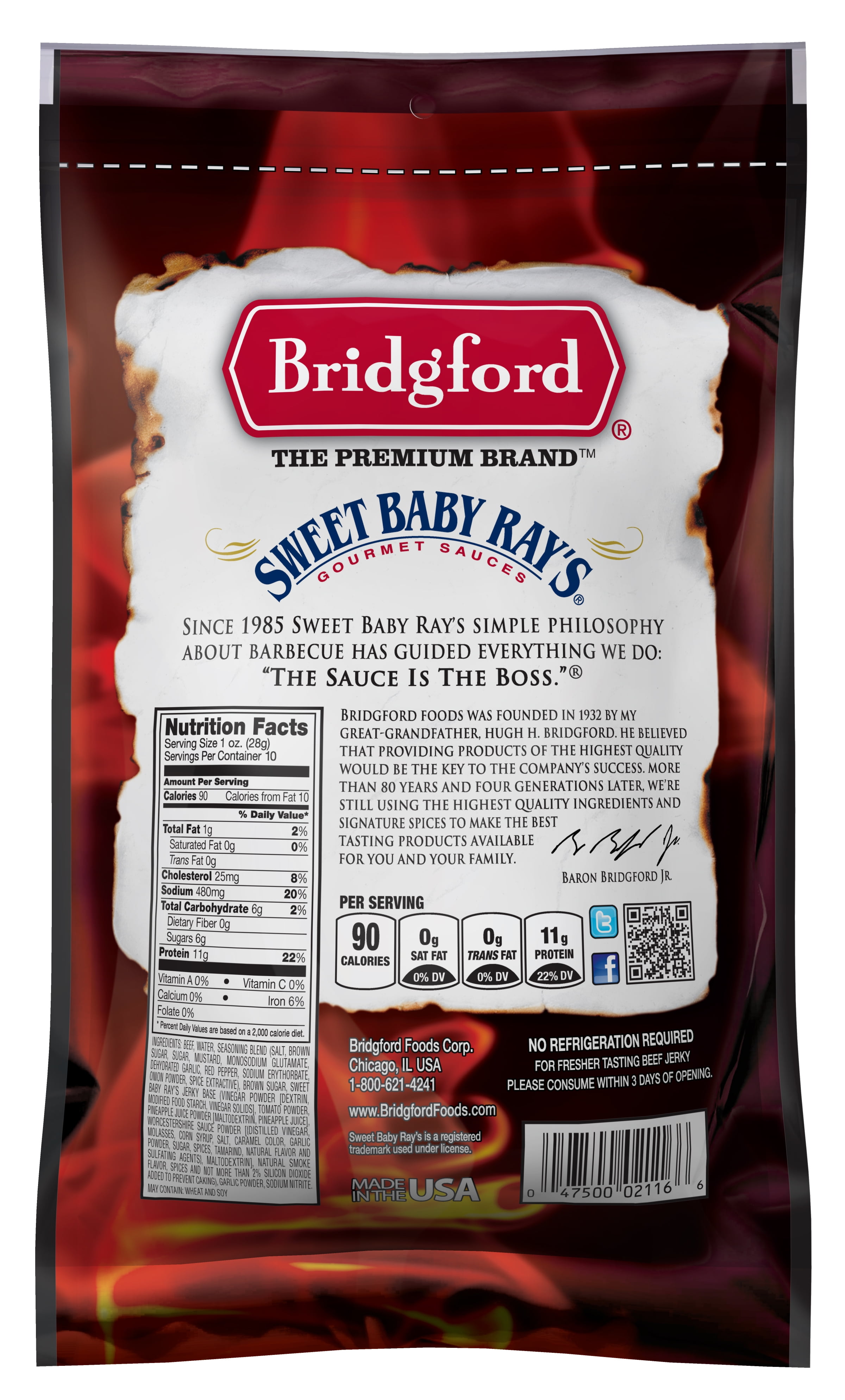 (3 pack) Bridgford 100% Beef Sweet Baby Ray's Garlic Beef Jerky 10oz Resealable Bag