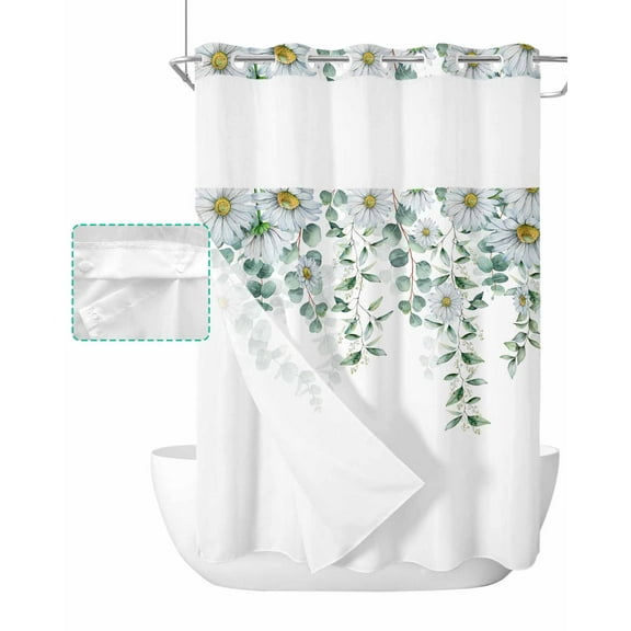 No Hook Shower Curtain with Snap in Liner, Country Style Farmhouse Black Sunflower and Eucalyptus Hotel Shower Curtains for Bathroom, Washable Shower Curtain Liner Set with Mesh Top Window, 60"x72"